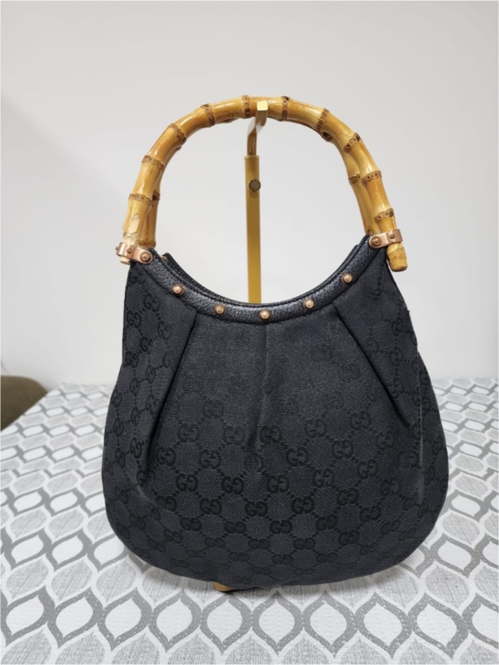 Authentic Gucci Bamboo Canvas Hobo Bag Black - Picture 4 of 9